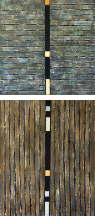 1. Przestrzeń osiowa  ;  akryl, olej +media na płótnie, 2 szt .100  x  90 cm  +  100  x  120  cm