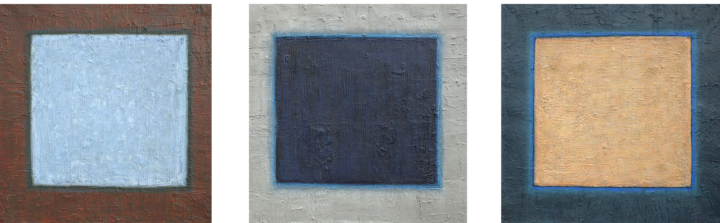 6. Trzy odrębne przestrzenie  ;  akryl + media na płótnie, kombinacja 3 szt. 65 x 65 cm