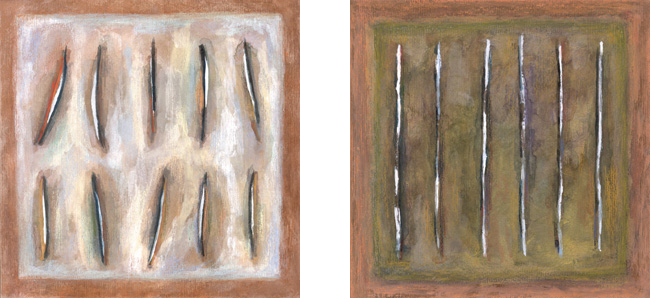 12. Układy rytmiczne  ;   gwasz, pastel, ingres, 2 szt., 20  x  20  cm